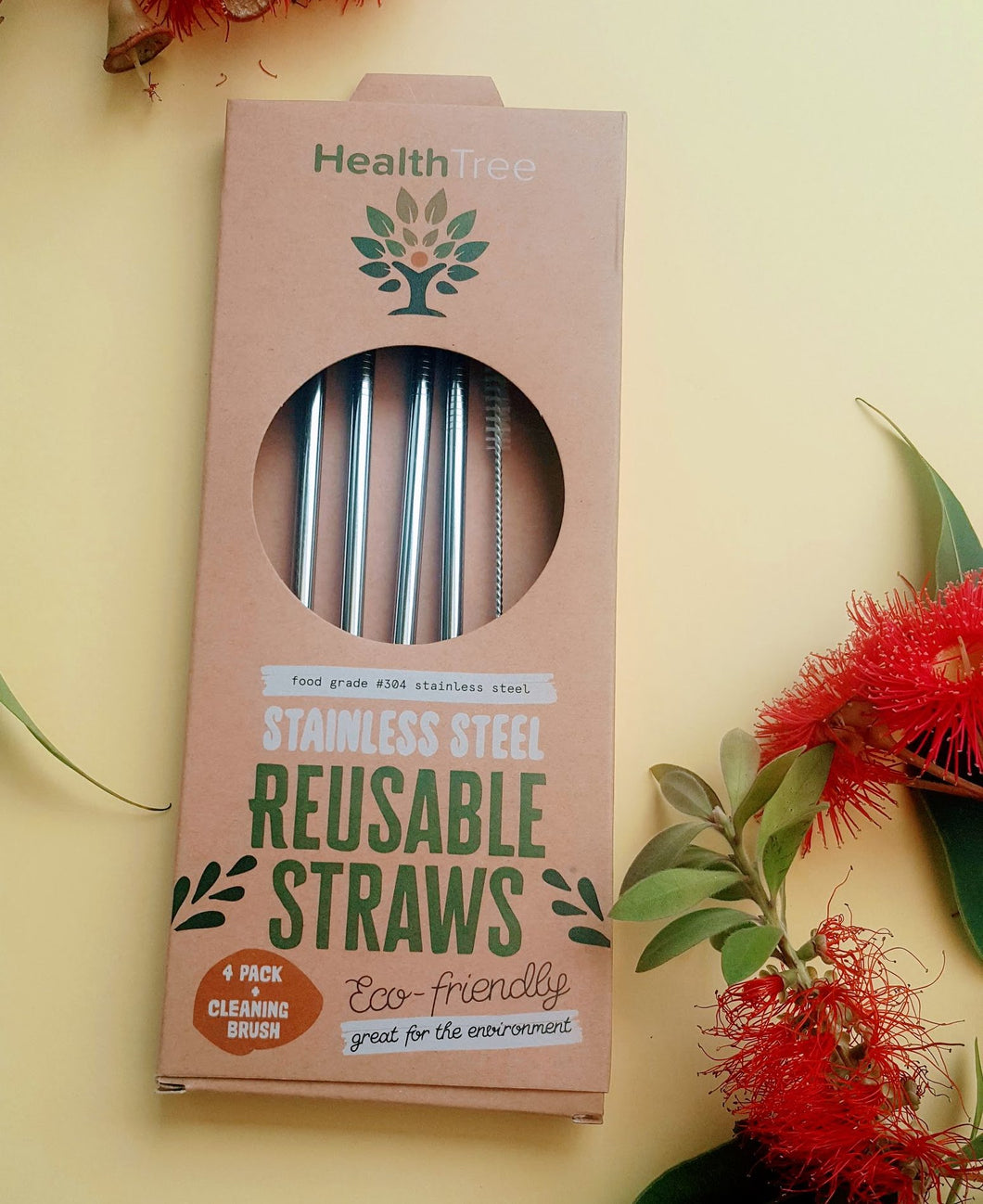 HEALTHTREE Silver Stainless Steel Reusable Straws 4 Pack + Cleaning Brush